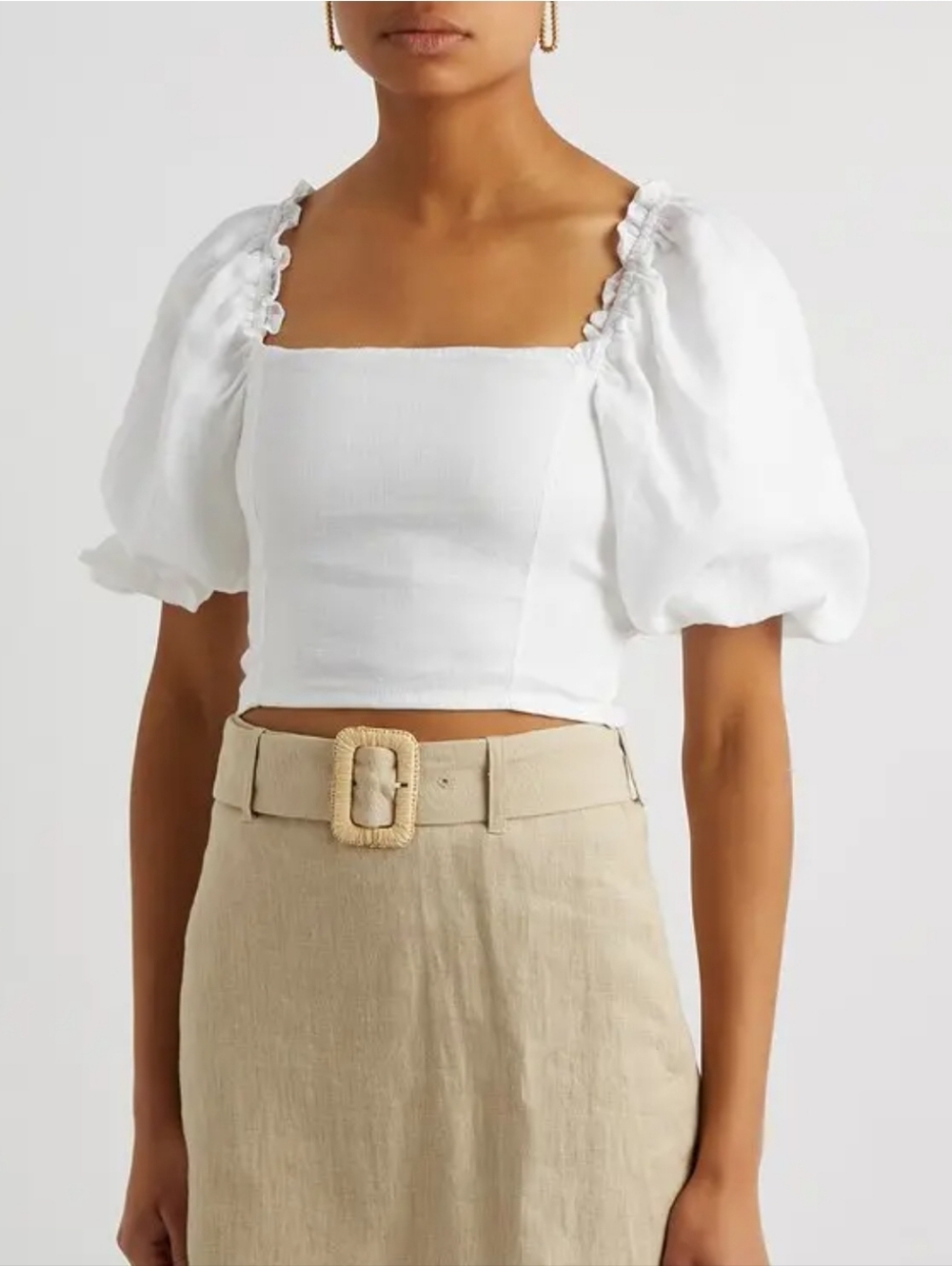 Faithfull the Brand Barnette White Linen Puff-Sleeve Square-Neck Crop Smock Top - Picture 4 of 12